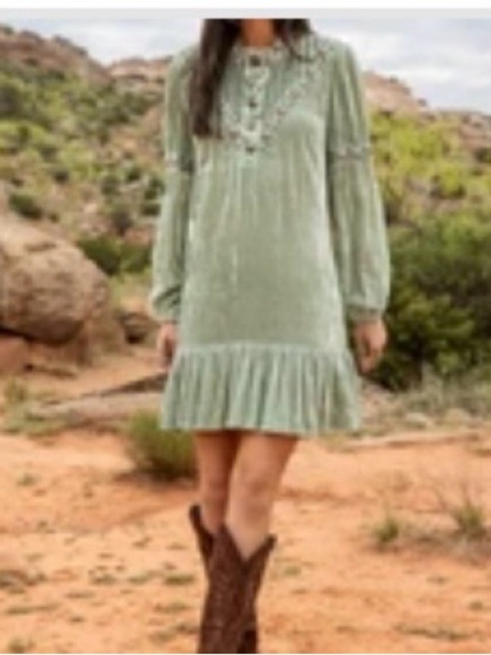 Double D Ranch Sage Velvet Embroidered Ruffle Mini Dress